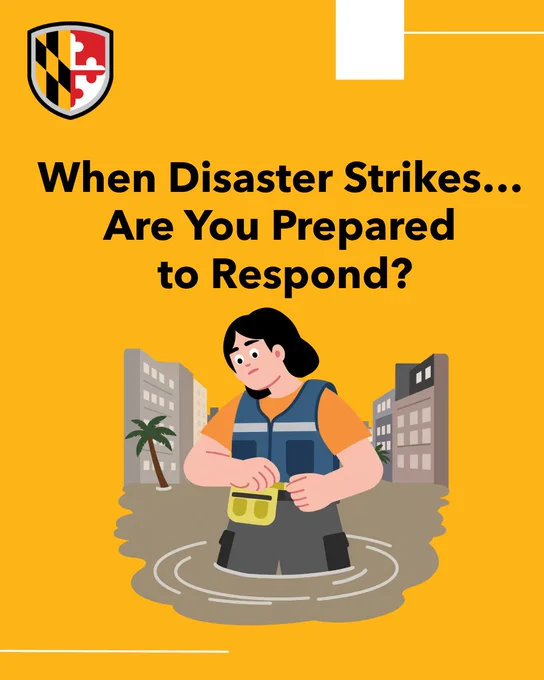 Graphic with UMBC logo and the text, “When Disaster Strikes… Are You Prepared to Respond?” Illustration shows a responder standing in floodwater in an urban disaster scene.