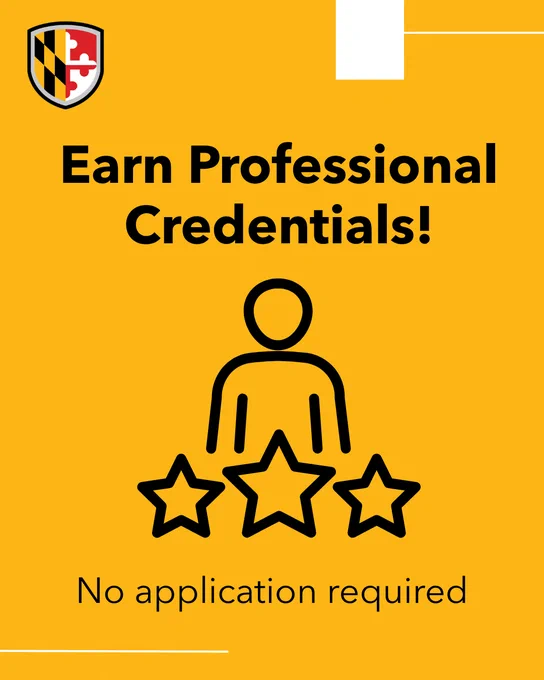 Graphic with UMBC logo and the text, “Earn Professional Credentials!” Simple icon illustration of a person above three stars. Bottom text reads: “No application required.”
