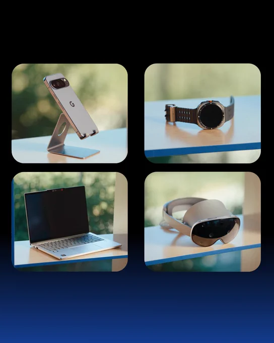 Four-image grid showcasing various electronic devices on light wood shelving.