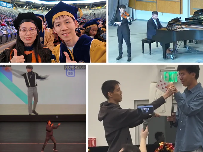 Collage of photos of Georgia Tech CSE Ph.D. graduate Chengrui Li graduating from Georgia Tech, playing the violin, showcasing yo-yo tricks, and performing a magic trick.