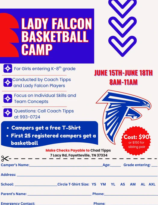 Lady Falcon Basketball Camp registration form. 