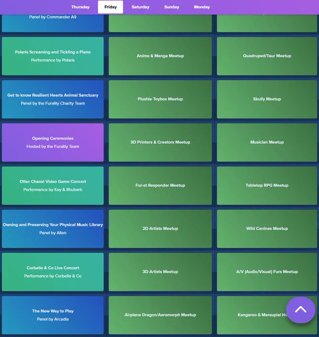 A screenshot of a segment of our convention schedule! Events include "Polaris Screaming and Tickling a Piano", "Opening Ceremonies", "Corbelle & Co Live Concert", "3D Artists Meetup", "Tabletop RPG Meetup", and "Fur-st Responders Meetup".