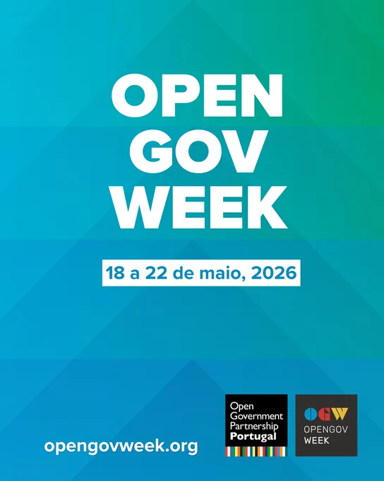 Imagem com fundo azul e o texto Open Gov Week para divulgar as iniciativas dinamizadas pela OGP Portugal