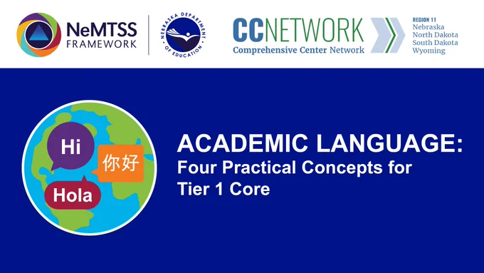 Title graphic for "Academic Language Webinar Series: Four Practical Concepts for Tier 1 Core.” Illustrated globe with speech bubbles, Hi, Hola and Chinese greeting. Logos for NeMTSS team, Nebraska Department of Education and the Region 11 Comprehensive Center.