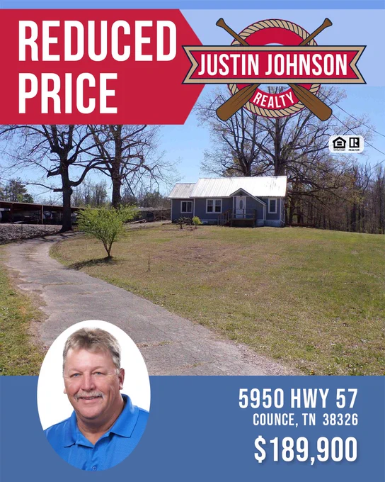 Promotional image for a property listing showing a house with reduced price. Includes realtor logo and contact details.