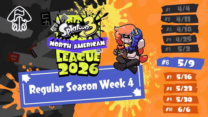 Article header with the Splatoon 3 North American League 2026 logo in the center, with text reading, "Regular Season Week 4". A list of dates on the right marks every Saturday between April 4 and June 6, 2026.
