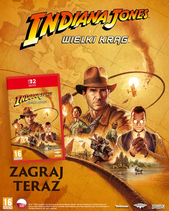 Indiana Jones (w fedora i marynarce) wygl\u0105da na zdeterminowanego na stylizowanym uj\u0119ciu przedstawiaj\u0105cym poszukiwaczy przyg\u00F3d, kobiet\u0119 z pochodni\u0105, m\u0119\u017Cczyzn\u0119 trzymaj\u0105cego \u015Bwiec\u0105c\u0105 czerwon\u0105 kul\u0119, dwup\u0142atowce i piramidy. Po lewej stronie widoczne jest opakowanie gry na konsol\u0119 Nintendo Switch pt. \u201EINDIANA JONES WIELKI KR\u0104G\u201D (PEGI 16). Tekst: ZAGRAJ TERAZ. R\u00F3wnie\u017C \u201EPOLSKI DUBBING\u201D.
