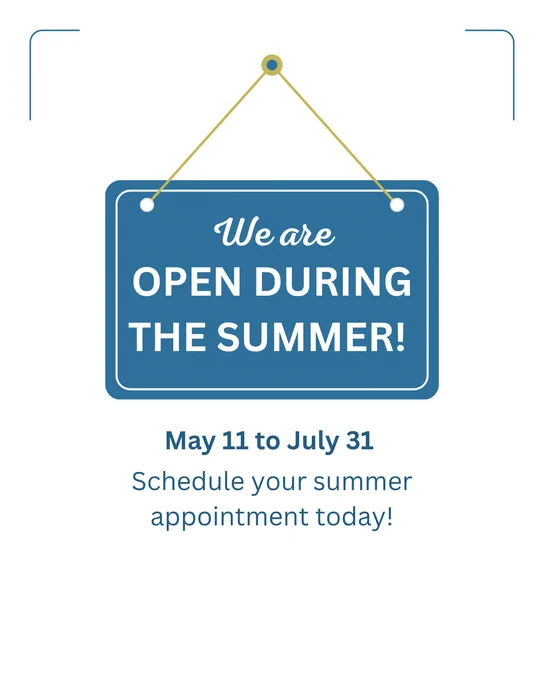 Text reads: “We are open during the summer! May 11 to July 31. Schedule your summer appointment today!”

The post features a graphic of a hanging sign. 
