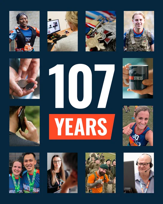 Collage of military personnel, medals, and stress relief activities surrounding bold text reading '107 YEARS'.