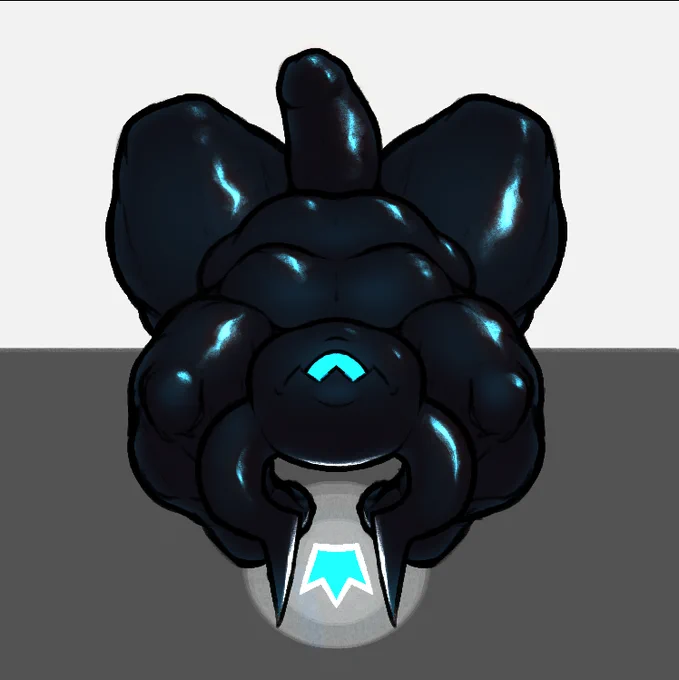 Crown is a big chubby inky black goop demon imp thing with a fat meaty cock and it's laying on its back looking at the camera despite not having eyes.
