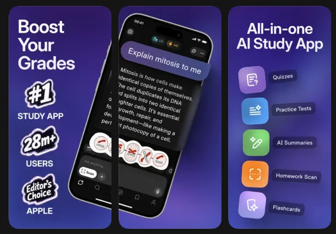 Mobile app showcases AI features for studying, including quizzes, practice tests, and homework scanning. Promotes learning effectively.
