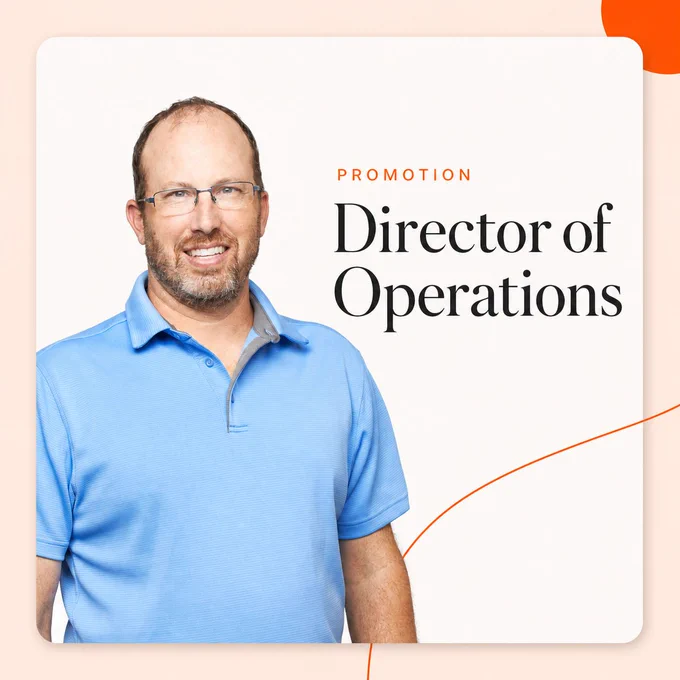 Promotion graphic announcing Matt Battaglia as Director of Operations at Mostly Serious, featuring his portrait alongside the title text on a warm peach and white brand background.