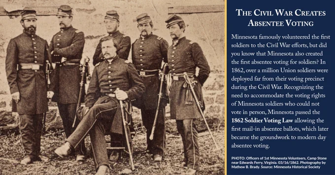 Text: The Civil War Creates Absentee Voting

Minnesota famously volunteered the first soldiers to the Civil War efforts, but did you know that Minnesota also created the first absentee voting for soldiers? In 1862, over a million Union soldiers were deployed far from their voting precinct during the Civil War. Recognizing the need to accommodate the voting rights of Minnesota soldiers who could not vote in person, Minnesota passed the 1862 Soldier Voting Law allowing the first mail-in absentee ballots, which later became the groundwork to modern day absentee voting.

PHOTO: Officers of 1st Minnesota Volunteers, Camp Stone near Edwards Ferry, Virginia. 03/16/1862. Photography by Mathew B. Brady. Source: Minnesota Historical Society