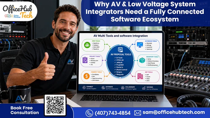 Most AV & Low Voltage integrators today are juggling proposal platforms, CRM systems, inventory tools, project management apps, scheduling software, finance platforms, and field-service workflows — all operating separately.

The result? Delays, duplicate work, communication gaps, and zero real-time visibility.

The problem isn’t the software.
The problem is the lack of operational connectivity between them.

Our latest article explores how AV & Low Voltage integrators are building connected ecosystems using Multi Software Integration.

💡 You’ll discover:
→ Why disconnected systems limit scalability
→ How connected ecosystems improve operational visibility
→ The hidden cost of manual coordination
→ How AI-powered orchestration is transforming AV workflows
→ Real examples of integrated AV & Low Voltage operations
→ The future of intelligent workflow automation

Want to see what a connected operational ecosystem could look like for your business?