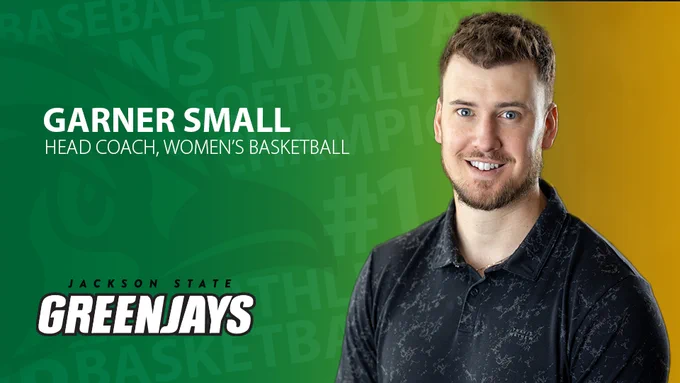 Promotional graphic announcing Garner Small as the new Head Coach of Women’s Basketball at Jackson State Community College. The graphic features a portrait of Small on a green and gold background with “Garner Small – Head Coach, Women’s Basketball” displayed in bold white text alongside the Jackson State Green Jays logo.