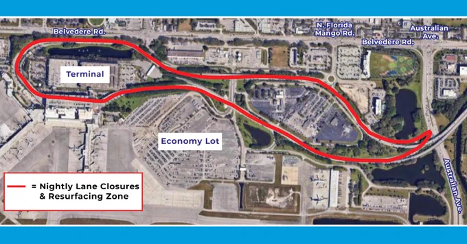 Aerial map of Palm Beach International Airport showing the roadway area impacted by nightly lane closures and resurfacing. A red outlined path highlights roads around the terminal and economy parking lot near Australian Avenue and Belvedere Road.