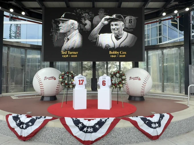 A photo of a tribute for Bobby Cox and Ted Turner in the Battery Atlanta