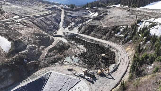 Waste rock storage facility (WRSF) aerial overview of ongoing works.