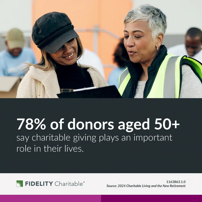78% of donors aged 50 plus say charitable giving plays an important role in their lives. Image: A volunteer assists someone at a charitable event.