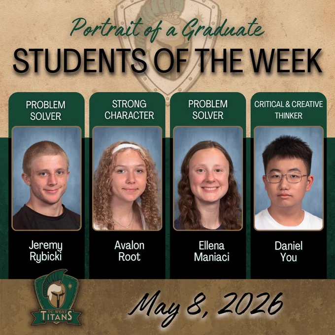 Five students are featured in a collage with their names and accolades. The date is May 8, 2026.