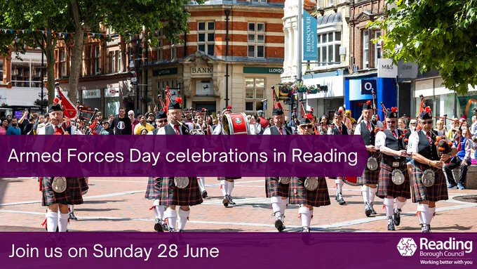 Armed Forces Day celebrations in Reading with a pipe band marching. Join us Sunday 28 June.
