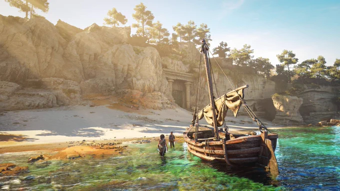 Wooden sailboat from Resonance: A Plague Tale Legacy  anchored near a sandy beach with rocky cliffs and pine trees in the background under a clear sky.