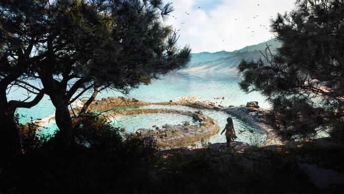 Sophia from Resonance: A Plague Tale Legacy stands near a circular stone pool by the turquoise sea, framed by pine trees and distant mountains under a clear sky.