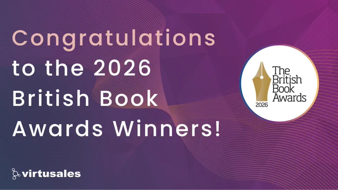 On a gradient purple and pink background with swirly and wavy peach lines, the text towards the left reads, "Congratulations to the 2026 British Book Awards Winners!" To the right is a circle featuring the pen-nib logo of The British Book Awards 2026. The Virtusales logo is placed bottom left.