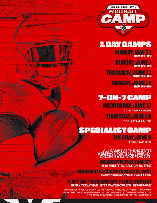 Graphic promoting NC State Wolfpack Football summer football camps featuring a red-and-black design with a football player holding a ball in uniform and the Dave Doeren Football Camp logo. Information includes multiple 1-Day Camps on May 31, June 7, June 11, and June 14; a Specialist Camp on June 9; and 7-on-7 Camps on June 17-18. All camps take place at the NC State Wolfpack Football Complex in Raleigh, North Carolina, with registration available at DaveDoerenFootballCamps.com.