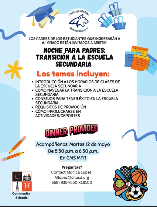 CMS Transition to Middle School Parent Night flyer in Spanish