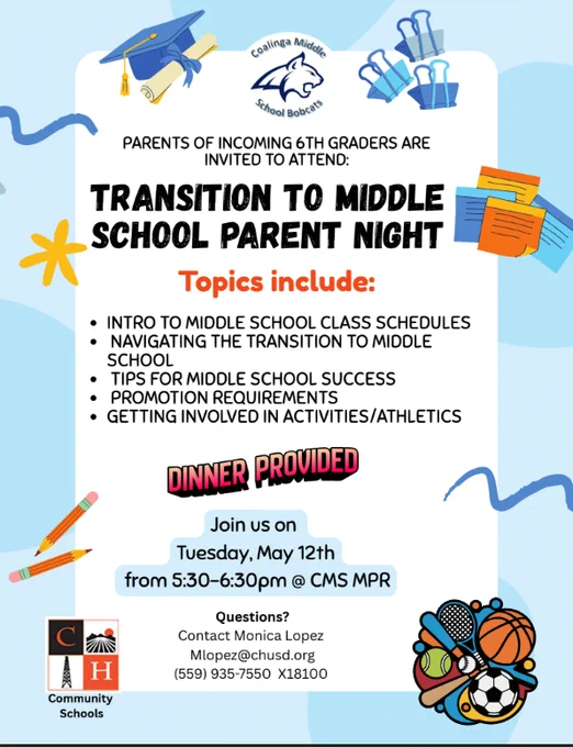 CMS Transition to Middle School Parent Night flyer