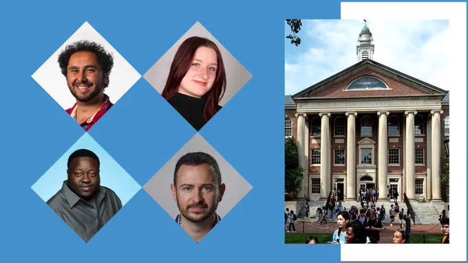 Four diamond-shaped portraits of individuals on a blue background beside an image of a large brick building with columns and a cupola, surrounded by a crowd.