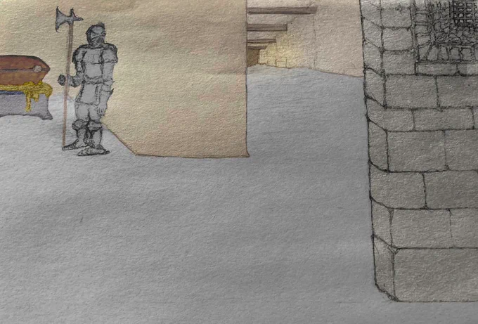 A room with a treasure, an armor, and a distant hallway