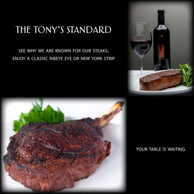 Collage of photo and text featuring New York Strip and Ribeye steaks