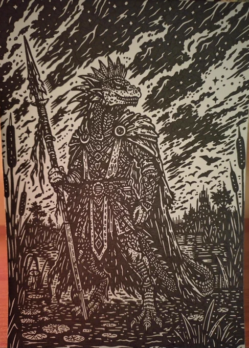 Pictured is a hand drawn pencil argonian holding a spear, standing on the edge of a marshy environment. 