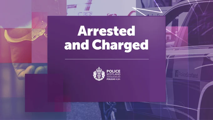 Purple Police Scotland graphic displaying the words ‘Arrested and Charged’, with abstract layered shapes in the background and the Police Scotland logo.