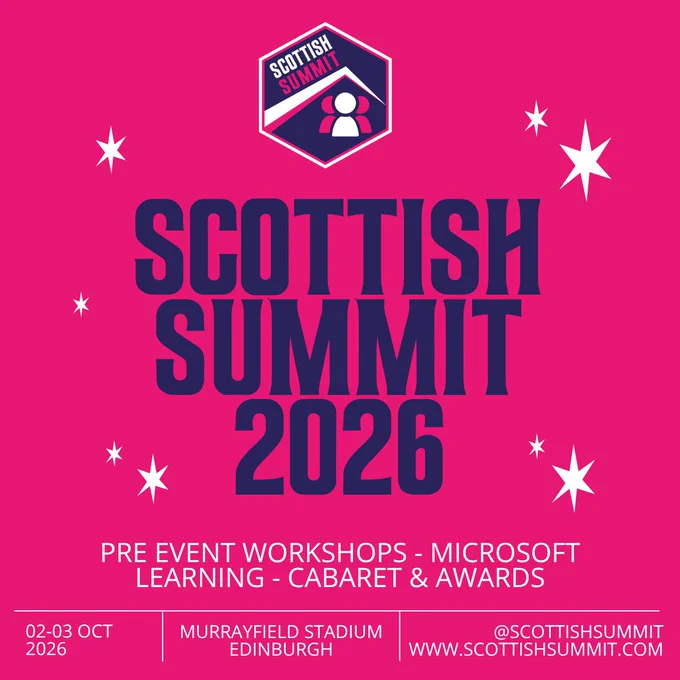 Scottish Summit 2026 social tile promoting activity. Pink colour with navy writing