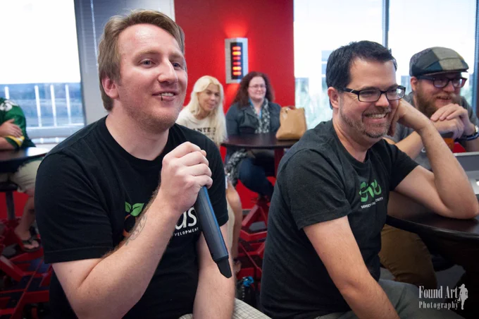 Russell Aaron speaking at WordCamp Vegas 2015. Pictured is a founder of GiveWP, Matt Cromwell.