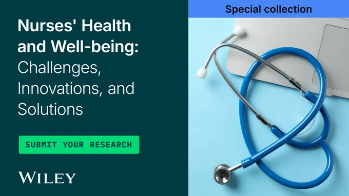 Blue stethoscope resting on a laptop keyboard beside text about nurses' health and well-being research collection.