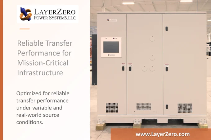 A LayerZero Power Systems Static Transfer Switch installed on a manufacturing floor beside messaging that reads “Reliable Transfer Performance for Mission-Critical Infrastructure.” The graphic highlights stable transfer performance and reliability for demanding critical infrastructure environments. 