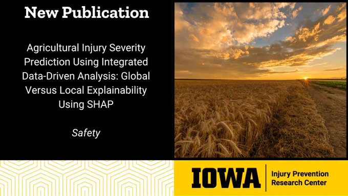 New Publication. Agricultural Injury Severity Prediction Using Integrated Data-Driven Analysis: Global Versus Local Explainability Using SHAP. Safety
A farm field during sunset
Logo of the University of Iowa Injury Prevention Research Center

