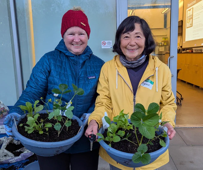 Two people holding plants inside containers at a container gardening event. 