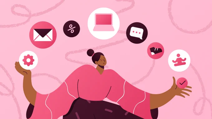 Alt text: Illustration of a person looking overwhelmed while juggling multiple tasks, represented by floating icons for email, settings, laptop, chat, tickets, meditation, and a checkmark against a pink background.