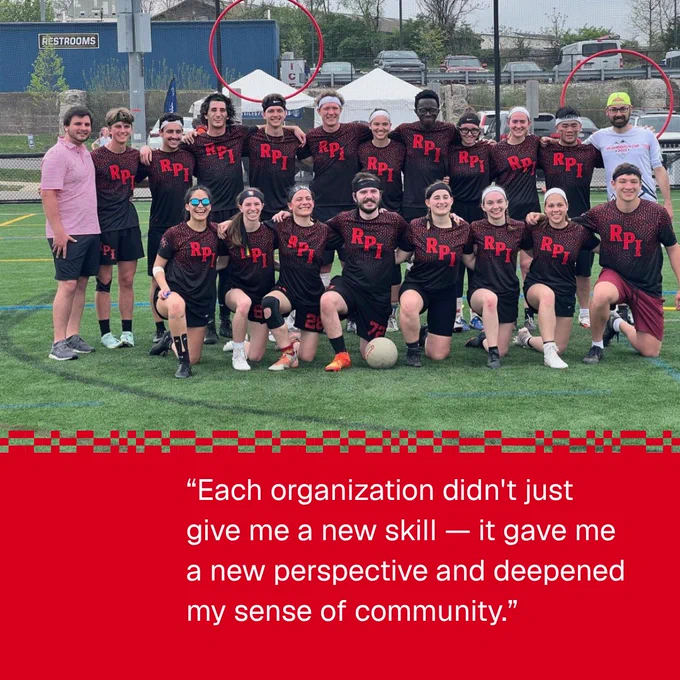 A group photo of a sports team wearing matching RPI shirts, posing on a field. The team stands and kneels in two rows. In the background, there are trees and a tent. Below the image is a quote about gaining perspective and community from each organization.