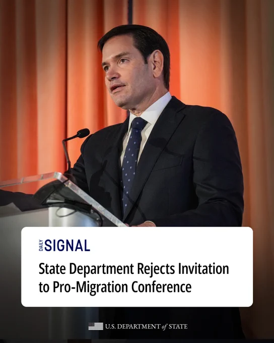 Secretary Rubio at podium. Overlay text: “Daily Signal: State Department Rejects Invitation to Pro-Migration Conference”