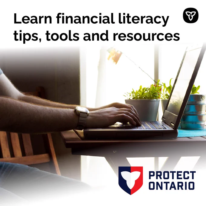 Photo of a person sitting at a desk with their laptop.

Text: Learn financial literacy tips, tools and resources

