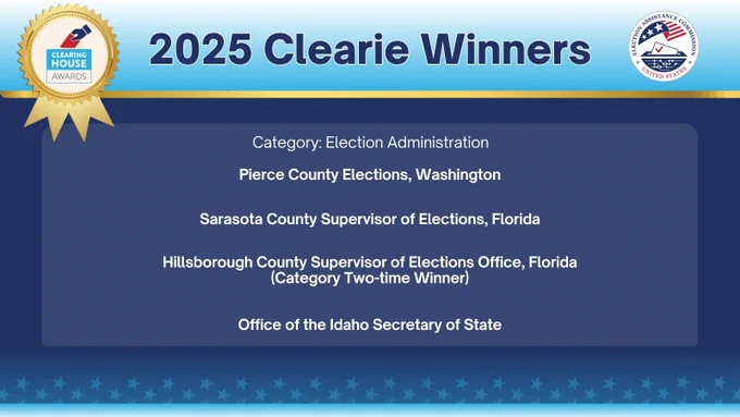 A dark blue background fills the frame. Header has a pale blue gradient with golden line. Top left is a golden ribbon with blue and red ballot Clearinghouse Awards logo. Centered in dark blue text reads "2025 Clearie Winners". To the right is a circular EAC logo. Below in bold white text reads "Category: Election Administration" followed by a list of winners.