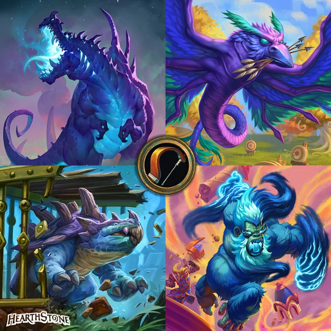 Hearthstone artwork showing four creatures for cards Triennium Rex, Arrow Retriever, Ankylodon, and King Maluk arranged in a grid with the hunter icon in the center. 