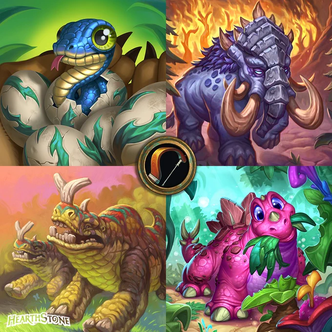 Hearthstone artwork showing four creatures for cards Tame Pet, Migrating Elekk, Roam Free, and Grazing Stegodon arranged in a grid with the hunter icon in the center.
