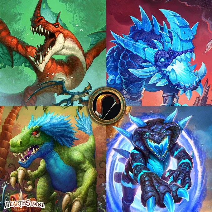 Hearthstone artwork showing four creatures for cards Pterrorwing Ravager, Brutish Endmaw, Ravasaur Matriarch, and Epoch Stalker arranged in a grid with the hunter icon in the center. 